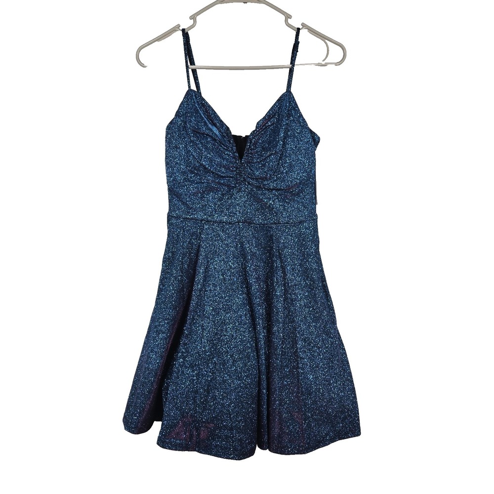 Crystal Doll Blue Fuschia Glitter Mini Dress Womens Juniors 3 NWT